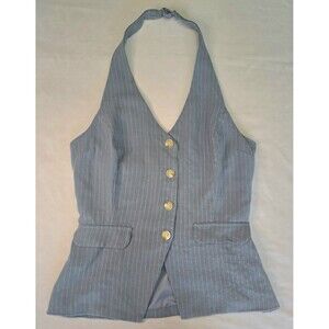 monteau LA Blue Pinstripe Halter Button Crop Vest L y2k corporate grunge it-girl